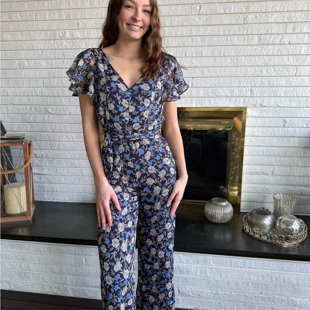 Fate Navy Blue Floral V-Neck Wide-Leg Jumpsuit
